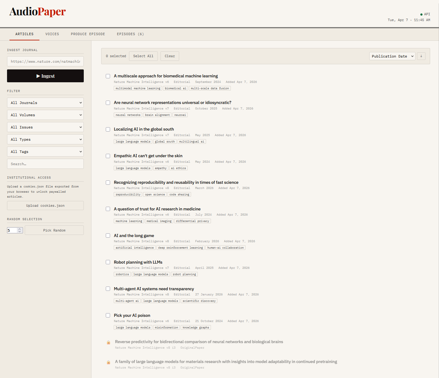 The article list with ability to download and select articles to listen to